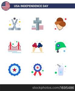 Set of 9 Modern Flats pack on USA Independence Day ice  tourism  usa  landmark  gate Editable USA Day Vector Design Elements