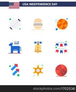 Set of 9 Modern Flats pack on USA Independence Day ring  symbol  usa  political  donkey Editable USA Day Vector Design Elements