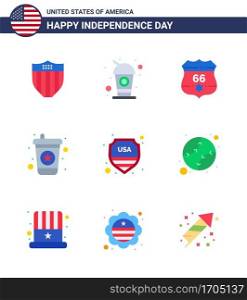 Set of 9 Modern Flats pack on USA Independence Day sign  security  american  soda  beverage Editable USA Day Vector Design Elements