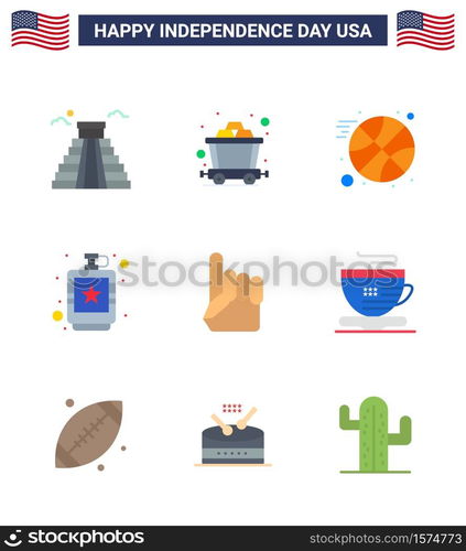 Set of 9 Modern Flats pack on USA Independence Day usa; foam hand; ball; liquid; flask Editable USA Day Vector Design Elements