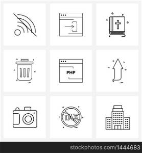 Set of 9 Modern Line Icons of browser, interface, religion, ui, trash Vector Illustration