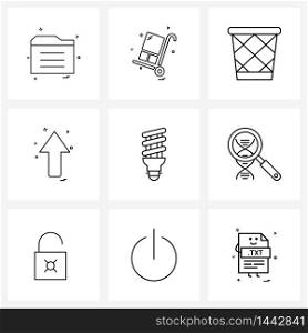 Set of 9 Modern Line Icons of bulb, direction, trash, arrows, nature Vector Illustration