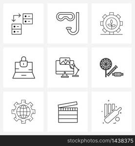 Set of 9 Modern Line Icons of candies, setting, leaf, computer, lock Vector Illustration