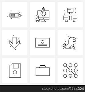 Set of 9 Modern Line Icons of card, arrow, beaker, pointer, arrow Vector Illustration