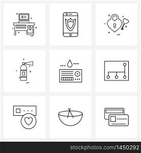 Set of 9 Modern Line Icons of card, flame, valentine, fire alert, fire Vector Illustration