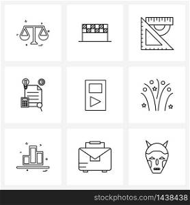 Set of 9 Modern Line Icons of celebration, play, ruler, music, idea Vector Illustration