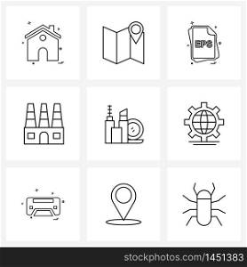 Set of 9 Modern Line Icons of cosmetics product, industry, file, factory, esp. Vector Illustration