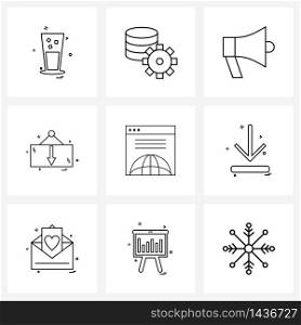 Set of 9 Modern Line Icons of direction, internet, sound, browser, direction Vector Illustration