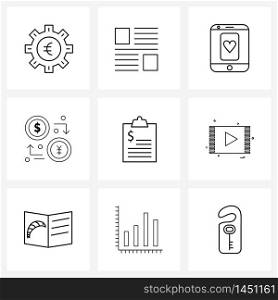 Set of 9 Modern Line Icons of document, money, device, investment, exchange Vector Illustration