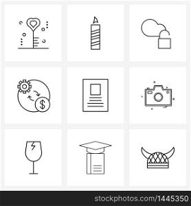 Set of 9 Modern Line Icons of document, setting, flame, dollar, unlock Vector Illustration