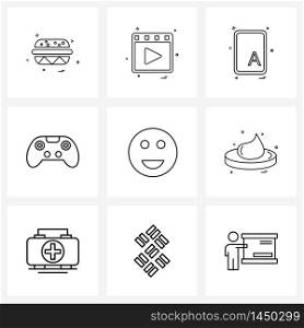 Set of 9 Modern Line Icons of emoji, smiley, text, joystick, entertainment Vector Illustration