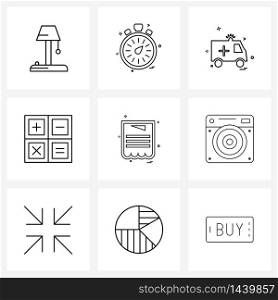 Set of 9 Modern Line Icons of file, calculator, van, calculation, accounting Vector Illustration