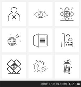 Set of 9 Modern Line Icons of file, focus, black hole, arrows, dart Vector Illustration