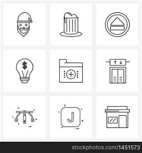 Set of 9 Modern Line Icons of folder, add, arrow, education, bulb Vector Illustration