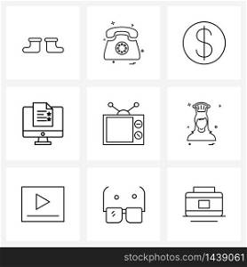 Set of 9 Modern Line Icons of food, device, dollar, media, television Vector Illustration