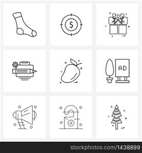 Set of 9 Modern Line Icons of food, setting, gift, gear, pencil Vector Illustration