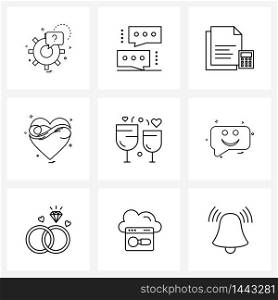 Set of 9 Modern Line Icons of glass, valentine&rsquo;s day, document, valentine, heart Vector Illustration