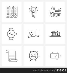 Set of 9 Modern Line Icons of marriage, heart, vehicle, chatting, time Vector Illustration