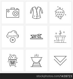 Set of 9 Modern Line Icons of meal, biryani, strawberry, play, cloud play Vector Illustration