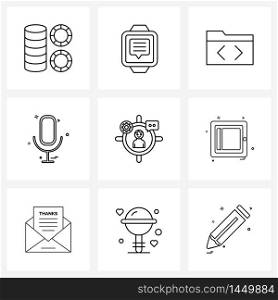 Set of 9 Modern Line Icons of media, microphone, talk, mic, code Vector Illustration