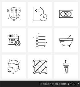 Set of 9 Modern Line Icons of menu, ui, bill, event management, calendar management Vector Illustration