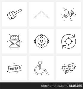 Set of 9 Modern Line Icons of molecule, atom, flask, money, message Vector Illustration