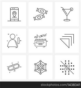Set of 9 Modern Line Icons of movie, profile, alcohol, avatar, glass Vector Illustration