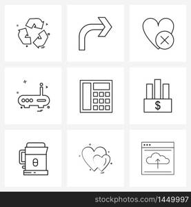 Set of 9 Modern Line Icons of phone, network, like, tech, internet Vector Illustration