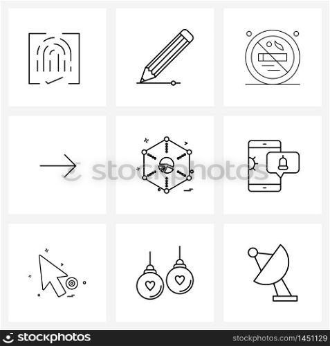 Set of 9 Modern Line Icons of pie chart, right, no, direction, service Vector Illustration