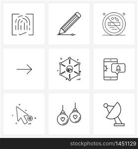 Set of 9 Modern Line Icons of pie chart, right, no, direction, service Vector Illustration
