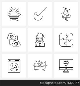 Set of 9 Modern Line Icons of Santa, network, Christmas, internet, communication Vector Illustration