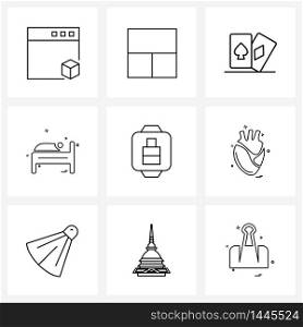 Set of 9 Modern Line Icons of smart watch, battery, blackjack, bed, furniture Vector Illustration