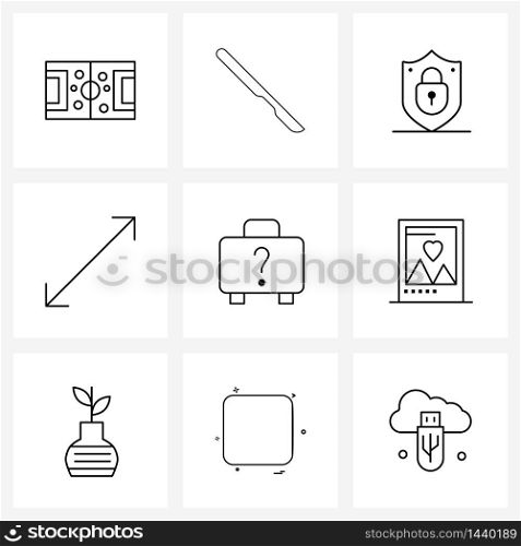 Set of 9 Modern Line Icons of suitcase, bag, surgical knife, pointer, arrow Vector Illustration