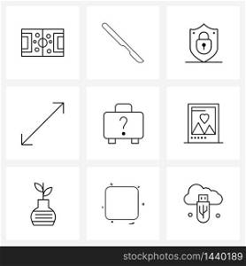 Set of 9 Modern Line Icons of suitcase, bag, surgical knife, pointer, arrow Vector Illustration