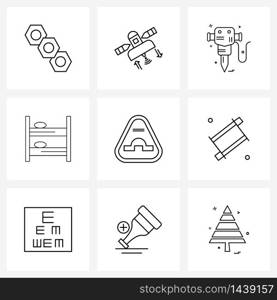 Set of 9 Modern Line Icons of traffic sign board, furniture, tools, design, decor Vector Illustration