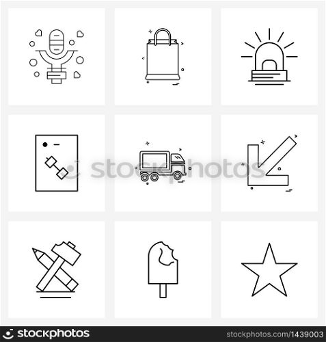 Set of 9 Modern Line Icons of travel, dumbbell, alarm, phone, fireman Vector Illustration