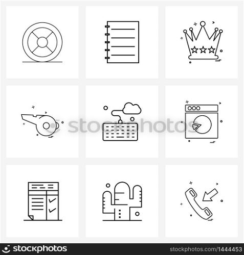 Set of 9 Modern Line Icons of websites, web, crown, cloud data input, whistle Vector Illustration