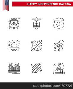 Set of 9 Modern Lines pack on USA Independence Day basketball; usa; sheild; landmark; building Editable USA Day Vector Design Elements