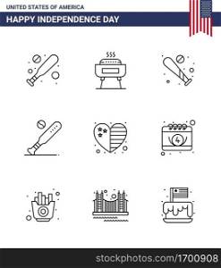 Set of 9 Modern Lines pack on USA Independence Day calendar  usa  baseball  flag  heart Editable USA Day Vector Design Elements