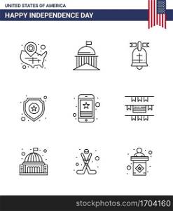 Set of 9 Modern Lines pack on USA Independence Day sign; police; ireland; shield; american Editable USA Day Vector Design Elements