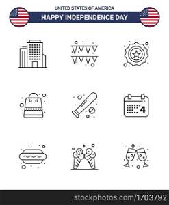 Set of 9 Modern Lines pack on USA Independence Day sports  baseball  badge  ball  packages Editable USA Day Vector Design Elements