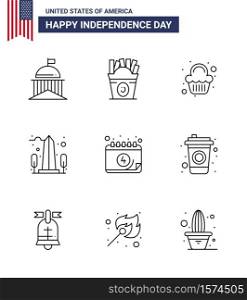 Set of 9 Modern Lines pack on USA Independence Day washington; sight; usa; monument; celebration Editable USA Day Vector Design Elements
