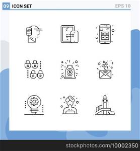 Set of 9 Modern UI Icons Symbols Signs for agreement, lock, technology, gdpr, calculator Editable Vector Design Elements