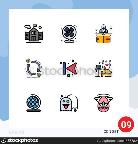 Set of 9 Modern UI Icons Symbols Signs for back, arrows, start, convert, finance Editable Vector Design Elements