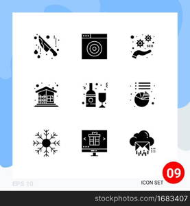 Set of 9 Modern UI Icons Symbols Signs for bottle, alcohol, seo, wall, construction Editable Vector Design Elements