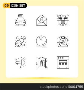 Set of 9 Modern UI Icons Symbols Signs for bowling, leg, experiment, chicken, drumstick Editable Vector Design Elements