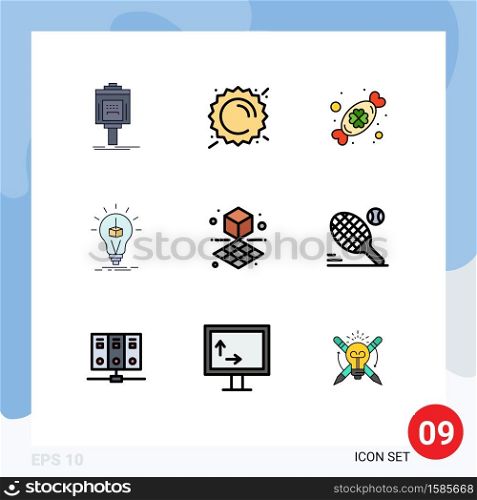 Set of 9 Modern UI Icons Symbols Signs for box, cube, weather, bulb, festival Editable Vector Design Elements