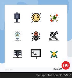 Set of 9 Modern UI Icons Symbols Signs for box, cube, weather, bulb, festival Editable Vector Design Elements