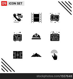 Set of 9 Modern UI Icons Symbols Signs for calendar, hard cap, love, helmet, printing Editable Vector Design Elements
