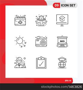 Set of 9 Modern UI Icons Symbols Signs for camera, skin, education, dry skin, school Editable Vector Design Elements